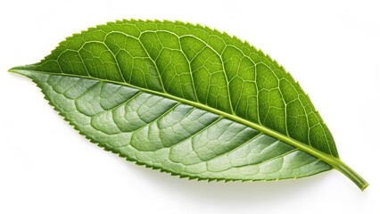 Obraz premium Single Green Tea Leaf Macro Photography, Detailed Veins, Nature Concept, Tea Plant Tea leaf, macro photography