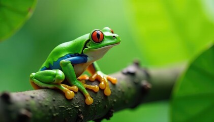 Naklejka premium Green tree frog perched on white, vibrant color , bright, skin, fauna