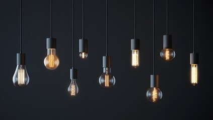 Group of different shaped light bulbs hanging against a dark background.