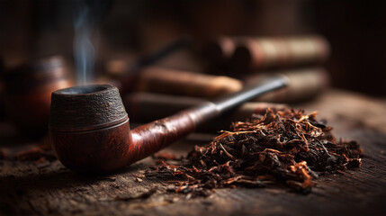 A pipe is on a table with some ash and a book