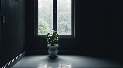 An indoor plant stands alone with a view of outside raining
