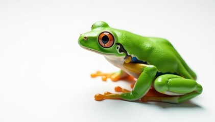 Obraz premium Green tree frog, perched on white, vibrant color , closeup, reptile