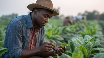 A man in a straw hat is looking at his cell phone