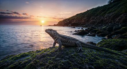 Fototapeta premium Marine iguana resting on rocky coast during ocean sunset, Amblyrhynchus cristatus scenic view