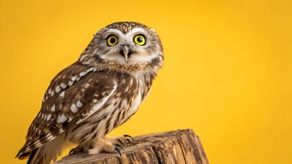 Obraz premium Little Owl on Yellow Background Close-up Portrait Photography, Wildlife, Bird Owl Photography, Bird Portrait