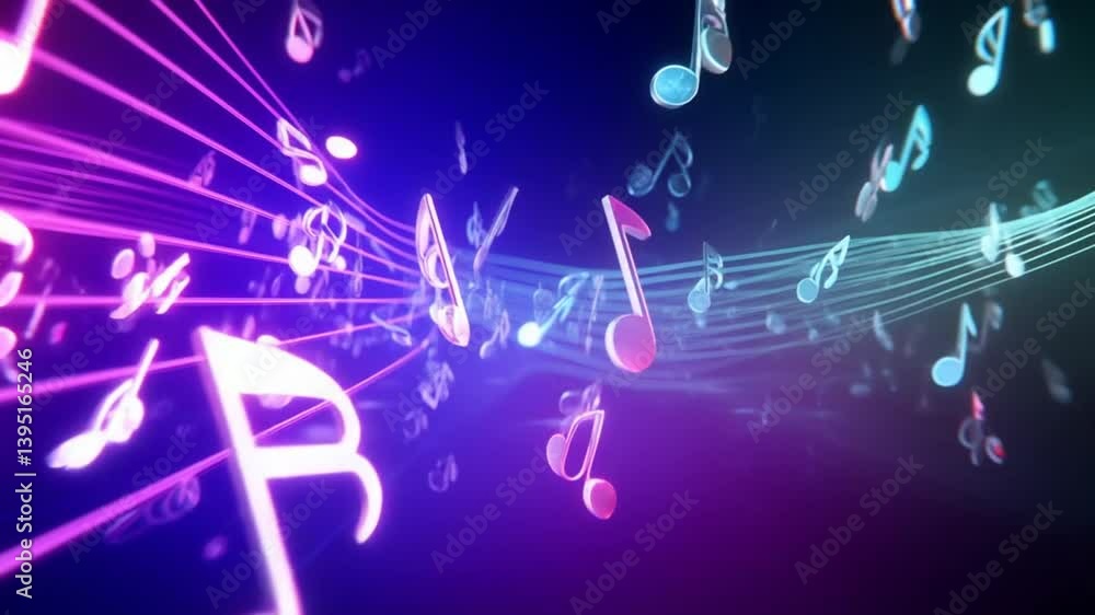 Poster music notes float through space with vibrant colorful lights generative ai