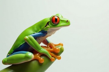 Obraz premium Green tree frog perched on white, vibrant colors, tropical, studio shot, background