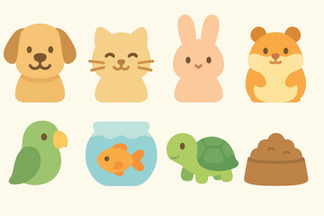 Obraz premium Cute animal pets icon set featuring dogs, cats, rabbits, and more in flat style