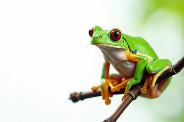 Obraz premium Green tree frog perched on white, vibrant skin, amphibian, green, clean
