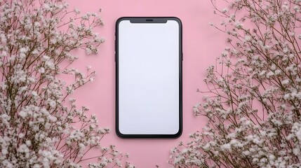 Blank Smartphone Screen Mockup with Baby Breath Flowers on Pink Background