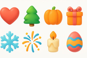 Festive 3d icons set: heart, tree, pumpkin, gift, snowflake, fireworks, candle, egg