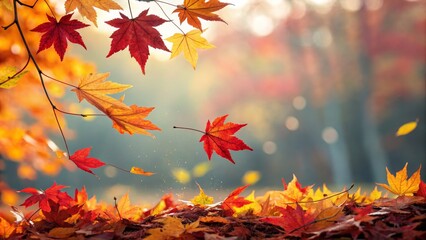 Fototapeta premium Autumnal Maple Leaves Falling, Red and Gold, Bokeh Background, Photography, Autumn leaves, Fall foliage