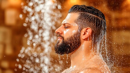 Obraz premium Man showers in steam room. Body care concept. Lights blurred behind