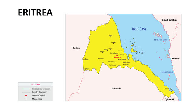 Eritrea map. Major cities in Eritrea. Political map of Eritrea with border and neighbouring countries.