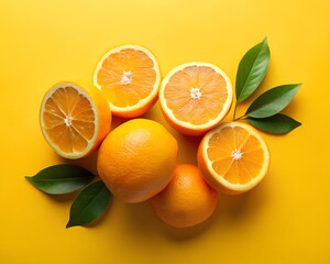 Fototapeta premium Halved oranges displayed elegantly against a minimalistic yellow background, emphasizing their vibrant citrus details
