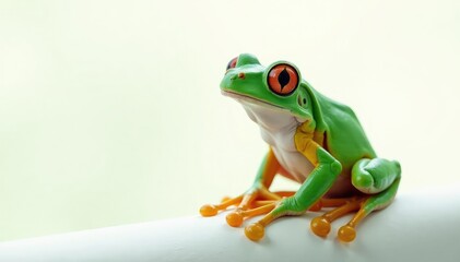 Obraz premium Green tree frog perched on white, vibrant skin, exotic, glossy