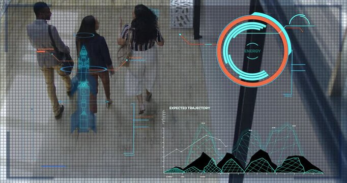 Walking in mall, three people with animation of futuristic data analysis overlay