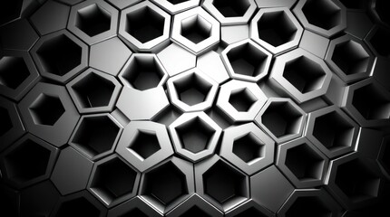 Fototapeta premium Abstract metallic sphere with repeating hexagonal patterns. Detailed 3D render of a textured, layered surface. Intricate design of recessed hexagons