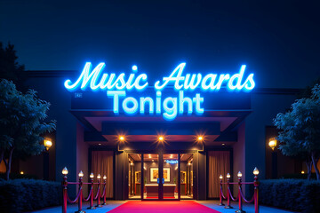 Spectacular music awards ceremony entrance illuminated by vibrant neon signage and a luxurious red carpet leading to an unforgettable evening celebration