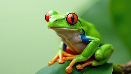 Naklejka premium Green tree frog perched on white, vibrant skin, macro, summer, macro photography