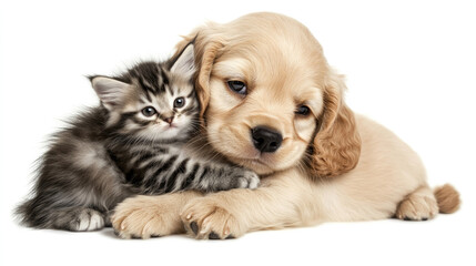 Obraz premium Curious english cocker spaniel puppy gently hugs kitten in heartwarming pet friendship scene