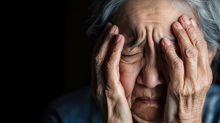 Fototapeta premium Emotional portrait of an elderly woman expressing sadness and anxiety reflecting mental health challenges