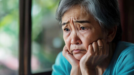 Elderly woman experiencing anxiety and depression near window in contemplative pose for mental health awareness