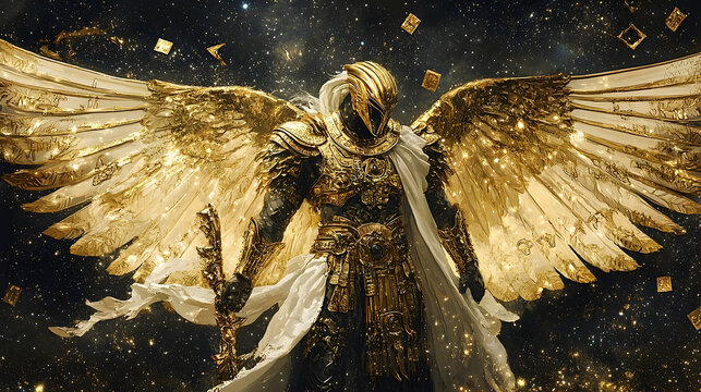A golden armored celestial being with expansive luminous wings