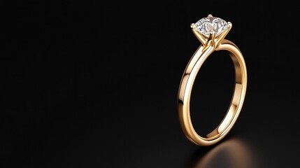 Elegant diamond engagement ring on black background with space for text for wedding or proposal announcements