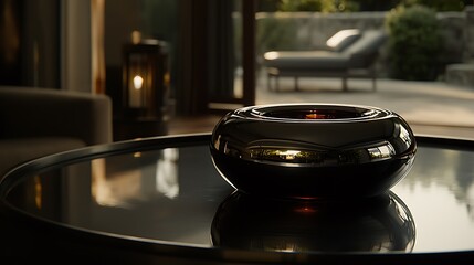 Modern black bowl on table, patio view, warm light