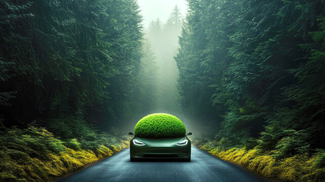 Eco-friendly vehicle journey through lush forest with globe concept for environmental awareness and sustainability design - Powered by Adobe