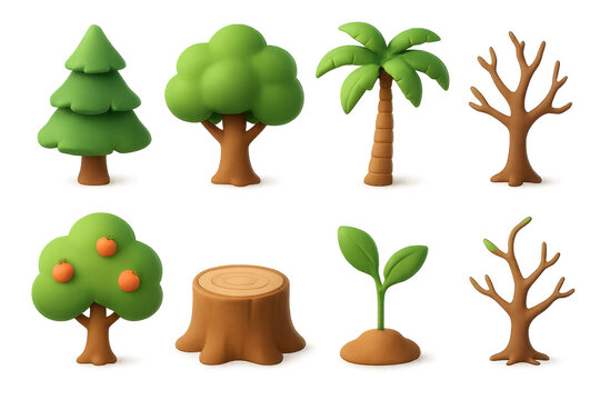 3d tree icons set: variety of trees and plants in a simple style