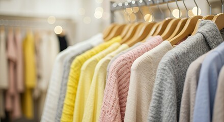 Obraz premium Soft pastel-colored sweaters hanging on wooden hangers in a retail store, concept for fashion catalog, online store, and clothing brand promotion