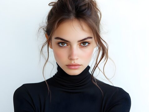 A young woman with dark hair and subtle makeup poses confidently in a black turtleneck against a plain white background.