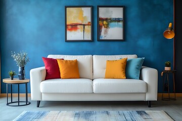 Elegant White Sofa with Colorful Pillows Against a Textured Blue Wall & Decor Items
