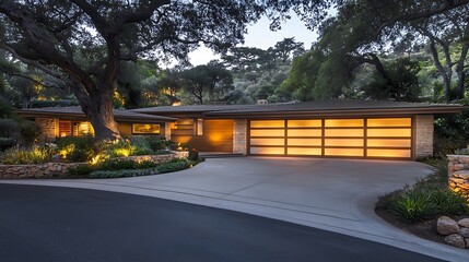 Obraz premium Modern home, evening light, driveway, landscaping, trees