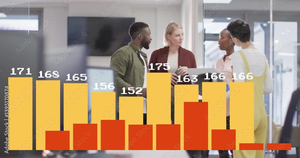 Poster diverse colleagues discussing in office with bar chart animation overlay