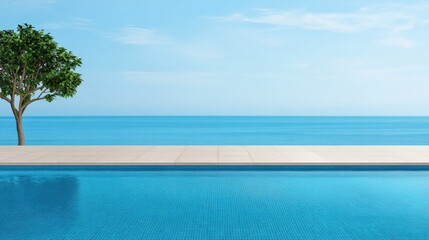 Fototapeta premium Luxury sea view villa with empty wall and floor, tranquil oceanfront pool and serene sky, ideal for modern architecture designs