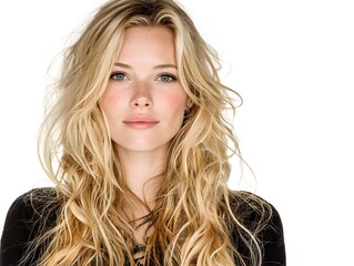 Naklejka premium A beautiful young blonde woman with long wavy hair poses against a bright white background for a professional headshot portrait.