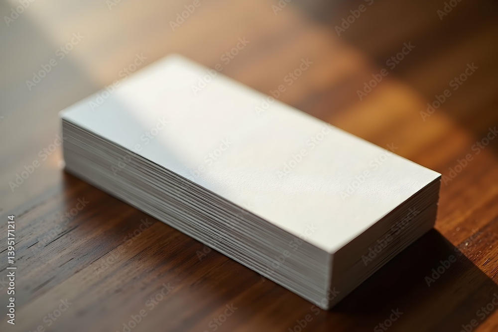 Poster stack of crisp white business cards on wood surface displaying professionalism and attention to deta