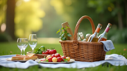 Elegant Spring Picnic Basket Scenes: Refined Outdoor Dining Settings with Culinary Details - Premium Photo Stock Concept