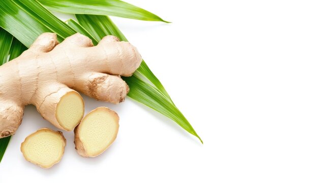 Fresh finger root and chinese ginger with galingale leaves on white background for culinary use