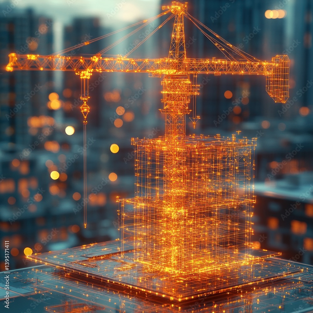 Poster digital construction: a futuristic visualization of a building under construction by a crane, repres