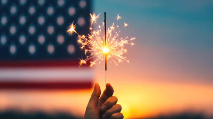 Celebrating independence day with fireworks sparklers against usa flag at sunset