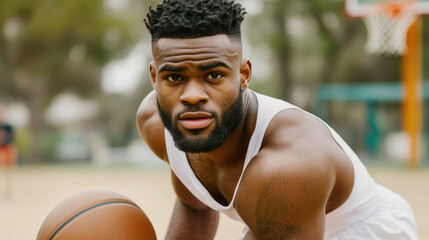 Energetic male basketball player outdoors with space for text, perfect for sports promotion and motivational design