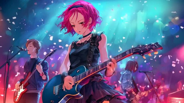 Electric Guitar Performance by Anime Girl in Vibrant Nightclub Generative AI
