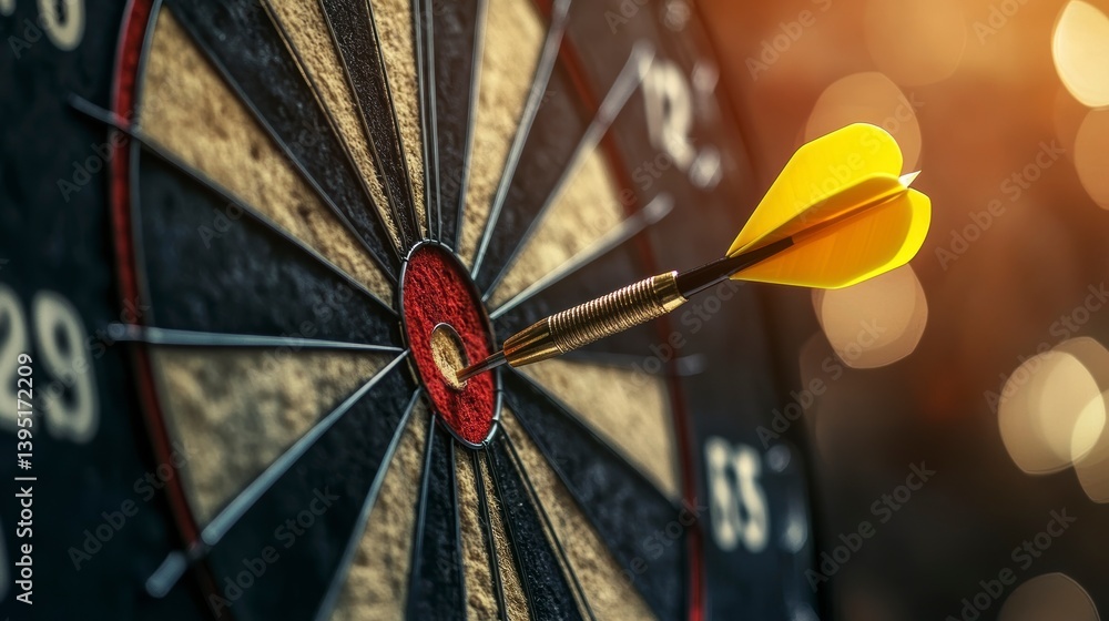Poster Close-up of a yellow dart hitting the bullseye of a dartboard.