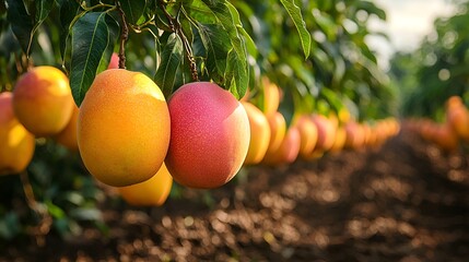 Ripe mangoes hanging on a tree in an orchard.