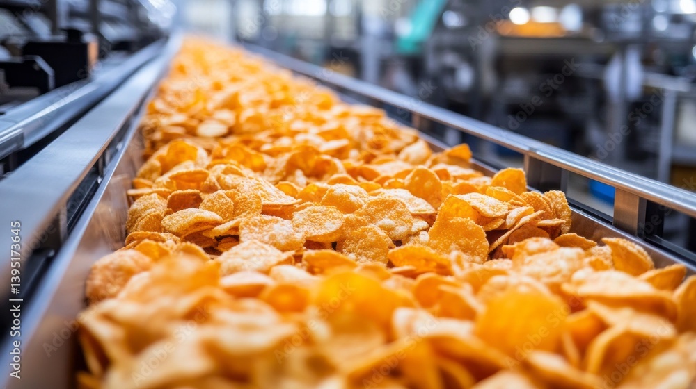 Poster golden chips cascade down an extensive assembly line, reflecting sunlight in a high-tech facility. w