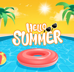hello summer aquatic pool with red swim ring in sunset background